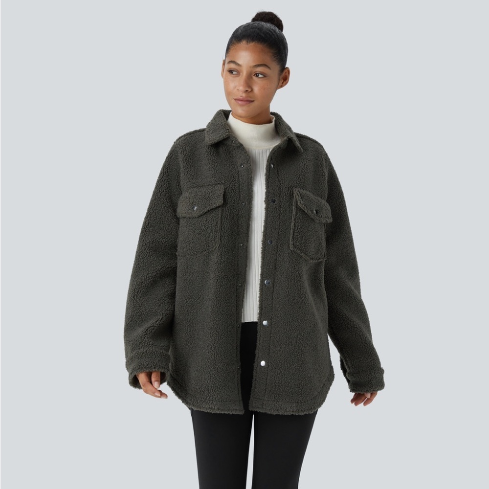 HALARA Collared Snap Down Chest Pocket Sherpa Jacket Olive Green Size XL
